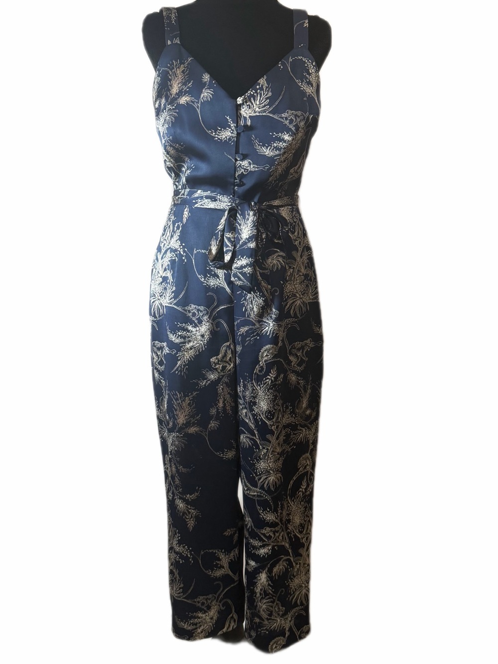 Little Moon by Aritzia Navy Satin Toile Print Wide Leg Jumpsuit Size 4